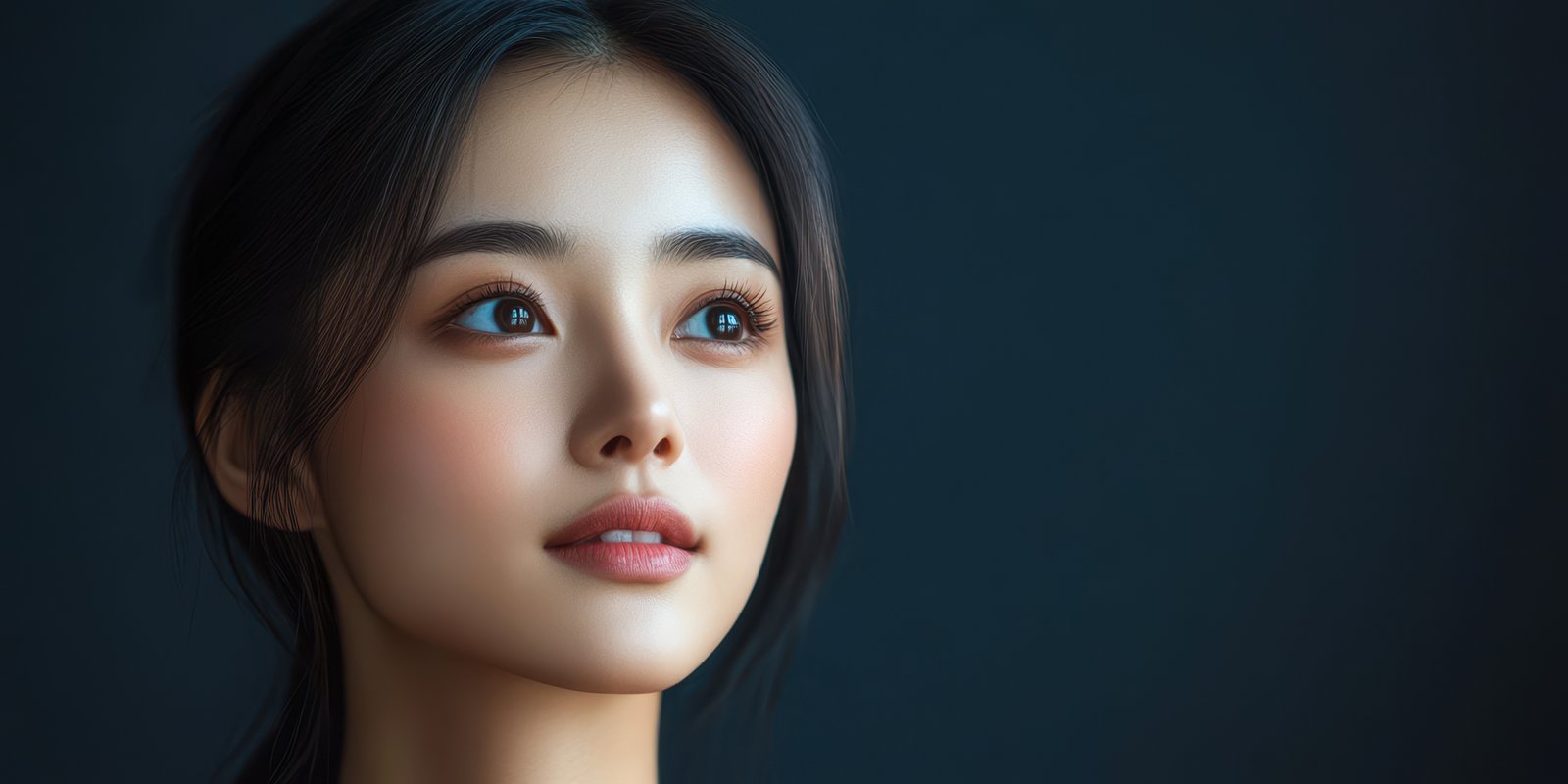 Close-up portrait of a woman with elegant features and soft expression against a dark background